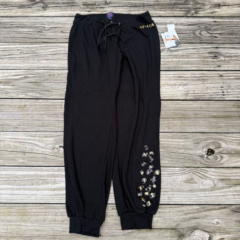 NWT Dereon Black Leopard Sequin Jogger Sweatpants Size Large